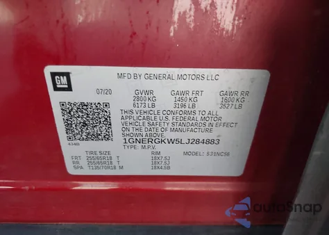 2020 Chevrolet Traverse Fwd Lt Cloth из США, поврежденный, VIN 1GNERGKW5LJ284883